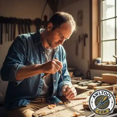A craftsman demonstrates the proper technique for using an awl tool in a workshop setting. Learn essential awl tool skills and find the right tools for your projects at AwlTool.com.