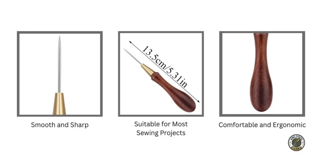 Three frames illustrating criteria for choosing awl tools: a smooth sharp tip, an awl with a 13.5cm measurement, and a comfortable ergonomic handle. The 9 Best Awl Tool Sets for Leatherworking: A New Mexico Crafter's Guide