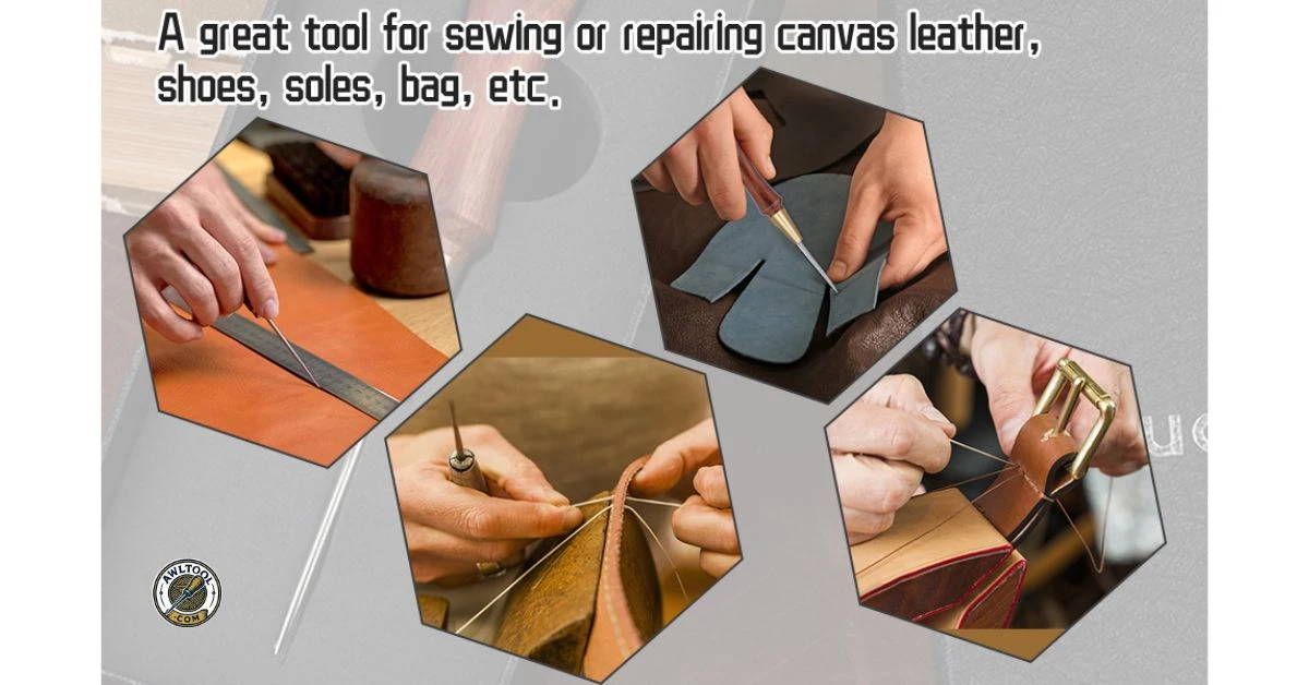 A collage of four images showing different uses of an awl tool, including marking and hand-stitching leather and canvas for shoes and bags.