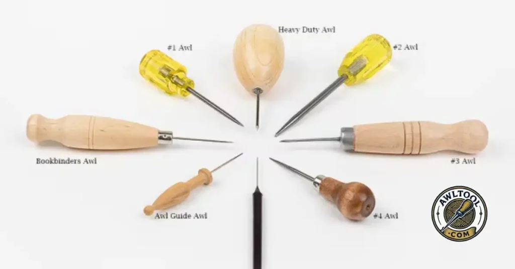 A collection of labeled awl tools arranged in a circular pattern, including a Heavy Duty Awl, a Bookbinders Awl, and several numbered awls with different handles. 18 Types of Awls and Their Uses A Complete Guide (2025)