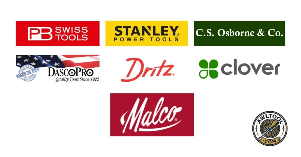 Logos of awl tool brands: A collage of logos for various awl tool brands. The logos featured are PB Swiss Tools, Stanley, C.S. Osborne & Co., DascoPro, Dritz, Clover, and Malco. The awltool.com logo is also included.