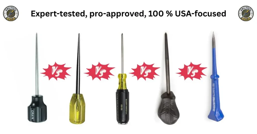 A side-by-side comparison of five different awl tools, including a black Crain, a yellow Gundlach, a black and yellow Klein, a black TEKTON, and a blue DASCO PRO awl. 5 Best Carpet Awl Tools for 2025