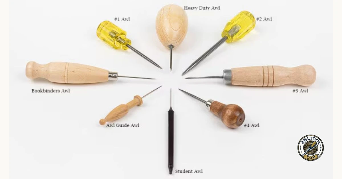 A collection of labeled awl tools arranged in a circular pattern, including a Heavy Duty Awl, a Bookbinders Awl, a Student Awl, and various numbered awls with different handles.