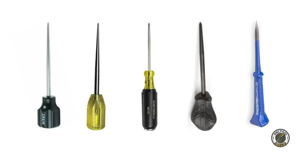 A lineup of five different awl tools, including a black Crain, a yellow Gundlach, a black and yellow Klein, a black TEKTON, and a blue DASCO PRO awl. Awl Tools Designed for Specific Crafting Techniques