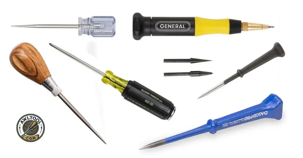 Crescent Tools 2245 Scratch Awl Alternatives. A collection of different scratch awls and similar tools from brands like Craftsman, General, Klein Tools, and Dasco Pro, laid out on a white background.