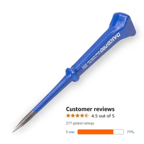 A blue DASCO PRO 7-inch scratch awl with a steel tip is shown on a white background. Below the tool, a customer review section displays a 4.5 out of 5-star rating.