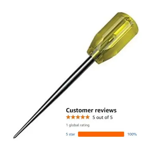 A product photo of a Gundlach 4-3 4-1/2 carpet awl with a transparent yellow handle and a long black blade. A customer review section shows a 5 out of 5-star rating.