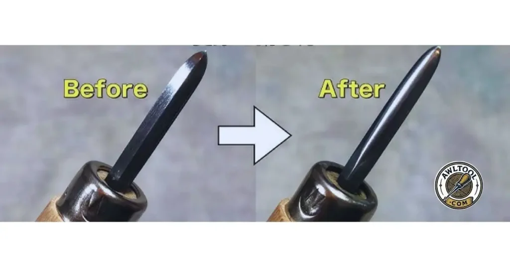 A close-up image showing a dull awl and How to Sharpen an Awl and tip on the left and a sharp, shiny awl tip on the right, with a large white arrow pointing from left to right.