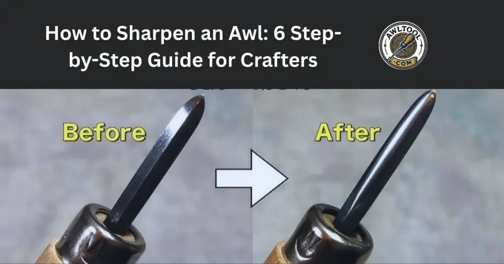 A side-by-side comparison of an awl tip, showing a dull, un-sharpened tip on the left and a shiny, sharp tip on the right after being sharpened.