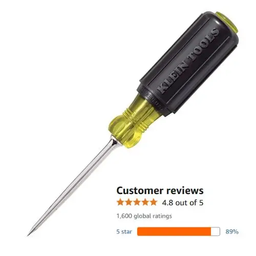 A product photo of a Klein Tools 650 Scratch Awl with a black and yellow cushion-grip handle and a metal tip. Below it, a customer review section displays a 4.8 out of 5-star rating.