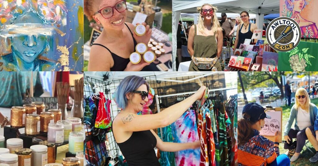 A collage of photos showing various vendors and attendees at the Riverfront Craft Fair in Portland, Connecticut, with stalls selling different handmade items and art.