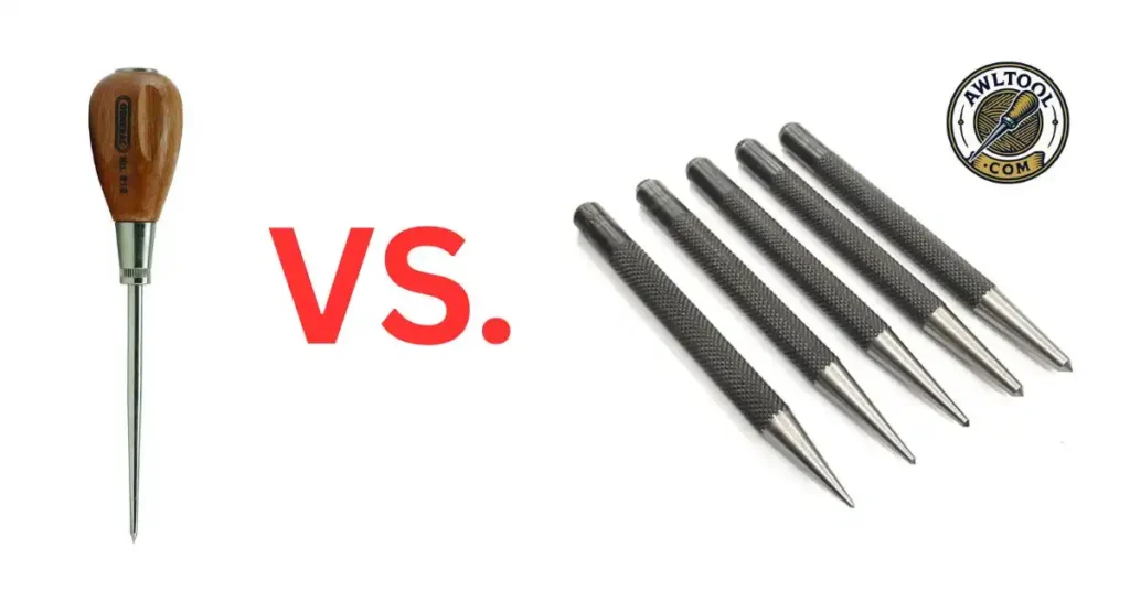 A side-by-side comparison showing a single scratch awl with a wooden handle on the left and five metal center punches on the right, separated by the text "VS.". What Kind of Tools Are Center Punch and Scratch Awl?