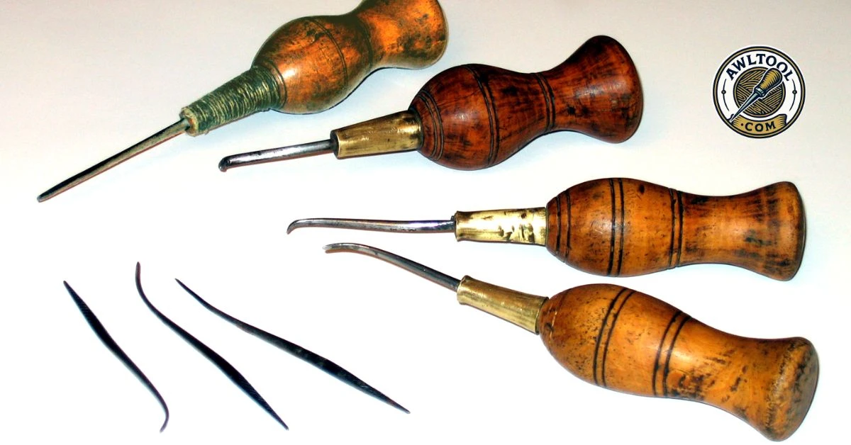 A collection of four awl tools with wooden handles and several loose blades, including straight and curved types, displayed on a white background.