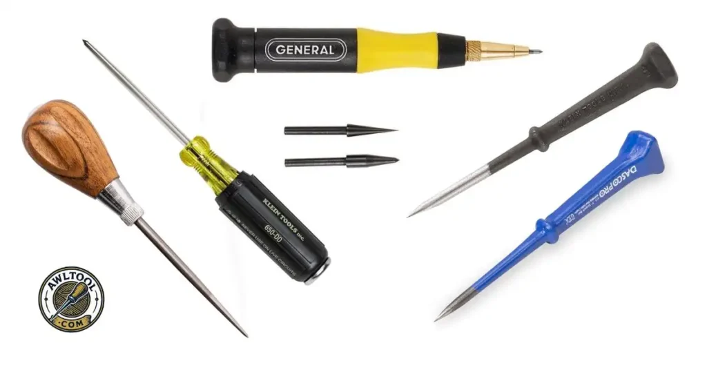 A collection of different awl tools on a white background, including ones with a wooden handle, a black and yellow plastic handle from Klein Tools, and blue and black plastic handles from Dasco Pro.