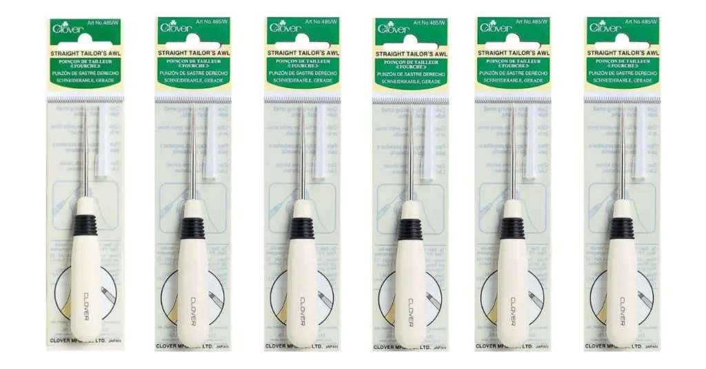 A row of six Clover Straight Tailor's Awl (Art No. 485/W) tools in their retail packaging. The awl features a white handle and is a top-rated sewing and fabric crafting tool.