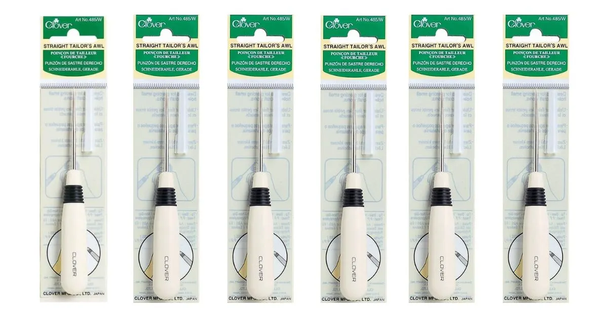 A row of six Clover Straight Tailor's Awl (Art No. 485/W) tools in their retail packaging. The awl features a white handle and is a top-rated sewing and fabric crafting tool.