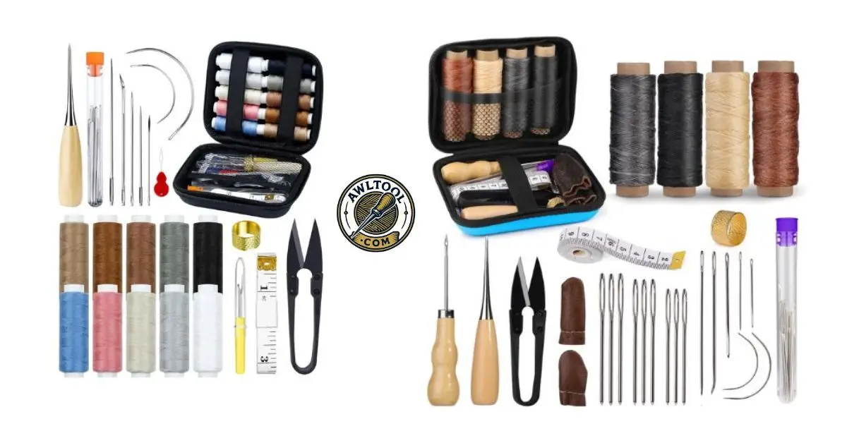 Collaged image displaying two different beginner awl tool kits with wooden handle awls, various colored thread spools, needles, scissors, and measuring tapes, for the 2025 ranked review.