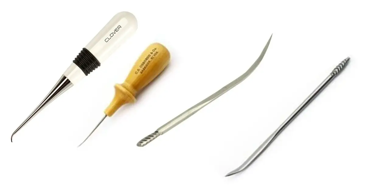 Collaged image displaying four different styles of curved awl tools, including one with a clear plastic handle (Clover), one with a wooden handle, a curved stitching needle, and a curved leather awl tool for the 2025 buyer's guide.