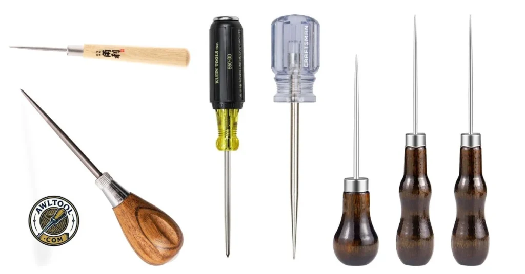 A group of five awl tools for woodworking, including scratch and brad awls from brands like Klein Tools and Craftsman, positioned on a wooden surface with the awltool.com logo.