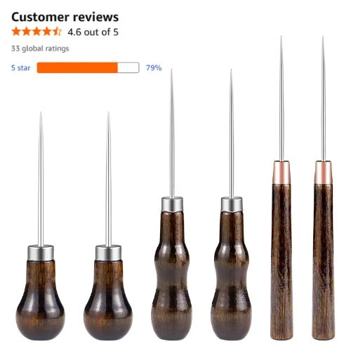 A set of six awl tools with dark, gourd-shaped wooden handles and metal shafts, organized for display. A customer review rating of 4.6 out of 5 stars is also visible.
