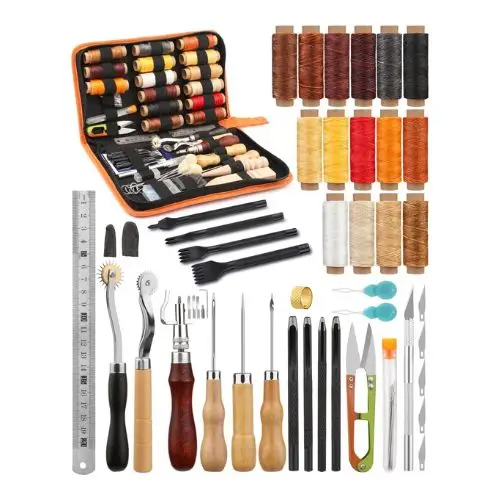 The BUTUZE Leather Working Tools Kit, displaying a wide assortment of tools including wooden-handled awls, colored waxed thread, a ruler, groover, stitching punch forks, and a zipper storage case for leathercraft beginners.