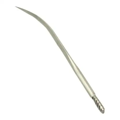 C.S. Osborne Curved Moccasin Awl blade, model #M32, with a 3.5 inch length and a diamond point tip, specialized for leather and moccasin stitching.