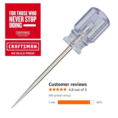 A CRAFTSMAN CMHT65012 scratch awl with a transparent acetate screwdriver-style handle and a pointed metal shaft. The image also includes CRAFTSMAN branding and customer review ratings.