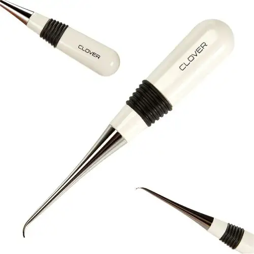 Clover #4880 Curved Awl for Sewing, featuring a white plastic handle with a black rubber grip, a polished silver point with a slight curve, a review image from awltool.com.