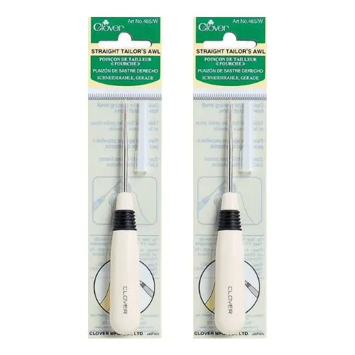A 2-pack set of Clover Straight Tailor's Awls (Art No. 485/W) in blister packaging, with white handles and metal tips, for sewing and quilting.