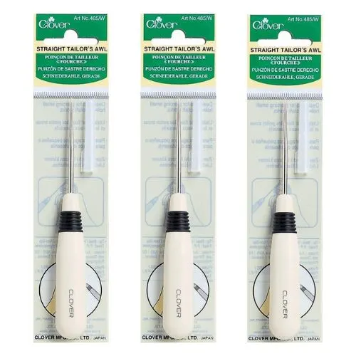 A 3-pack bundle of Clover Straight Tailor's Awls (Art No. 485/W) in their original packaging, featuring a white handle and sharp metal tip for sewing crafts.