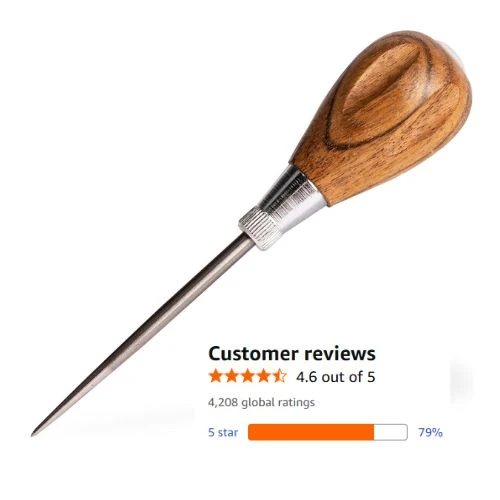 A high-quality photo of the General Tools Scratch Awl with a sleek hardwood handle and a pointed alloy steel blade, shown with a customer review rating of 4.6 out of 5 stars.
