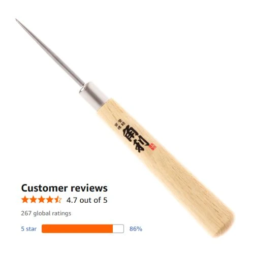 An image of a KAKURI awl for sewing and woodworking, featuring a sharp, durable blade with Japanese characters and a wooden handle, accompanied by its positive customer ratings and 267 global reviews.
