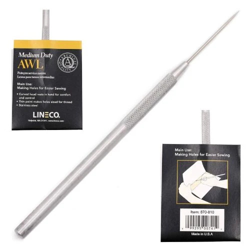 Lineco Medium Duty Awl with a fine point and stainless steel straight, textured handle, used for sewing and bookbinding, image belongs to awltool.com.