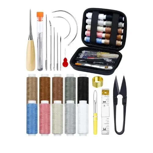 The PLANTIONAL 47-piece Upholstery Repair Sewing Kit, showcasing a sewing awl with a light wood handle, diverse colored waxed thread spools, various curved and straight needles, and a black zippered storage case.
