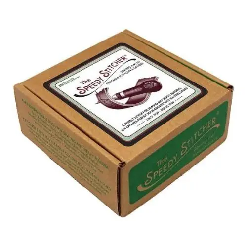 The Speedy Stitcher® Deluxe Sewing Awl Kit box, showing the image of the awl and text that describes it as a perfect device for sewing any heavy material since 1909.