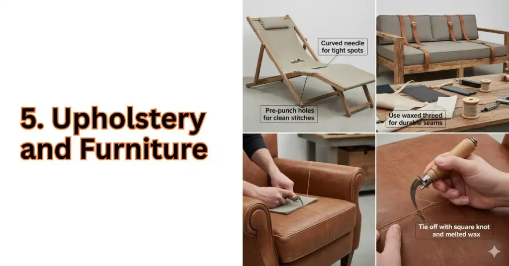 Instructional collage showing stitching techniques for upholstery and furniture repair, including pre-punching holes with an awl and using a curved needle for tight spots.