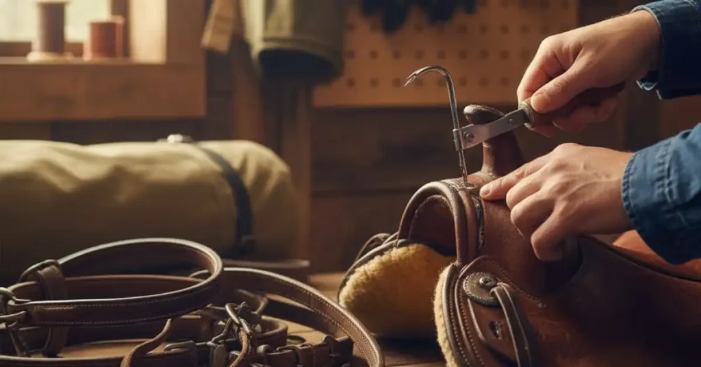 Hands using a stitching awl to sew a tear on a brown leather equestrian saddle, surrounded by reins and other horse tack.
