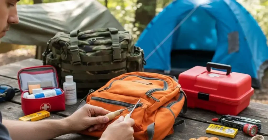 Person using a wooden-handled awl to repair a rip in an orange backpack zipper while camping, surrounded by survival and first aid gear.