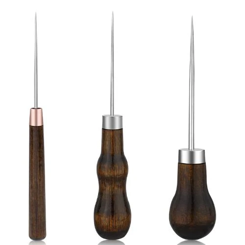 Set of three straight tailor's awls with dark wooden handles for precise fabric piercing, leatherwork, and hole making. Essential crafting tool for sewing and upholstery.