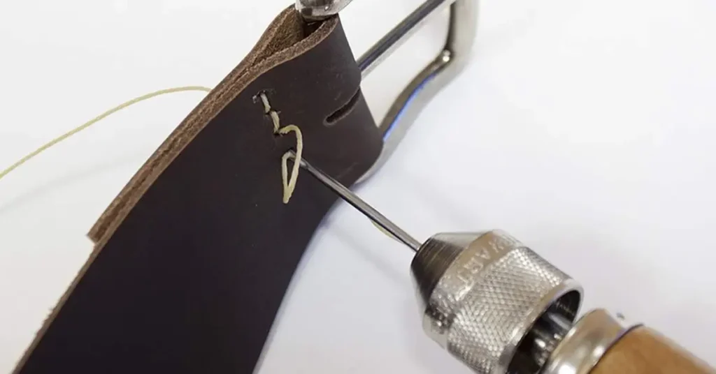 A composite photo showing a person hand-stitching a thick leather belt with a metal buckle using a Speedy Stitcher-style awl, and a close-up of the thread bobbin being loaded into the wooden handle.