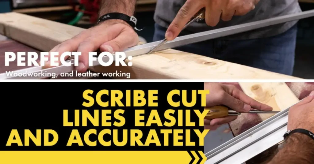 Professional awl used to scribe and mark accurate cut lines on wood using a metal straight edge, perfect for woodworking and leather working.