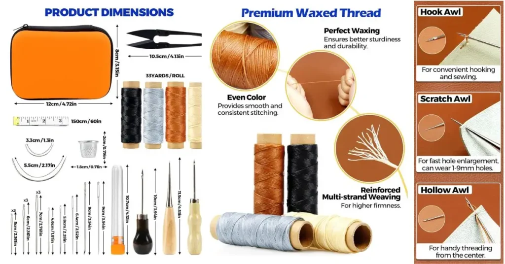 Infographic detailing the PLANTIONAL 31-piece leather repair kit, highlighting product dimensions, premium waxed thread features, and the three versatile awls: Hook Awl, Scratch Awl, and Hollow Awl. 5 Best Crafting Awl Tools: Review for USA Crafters