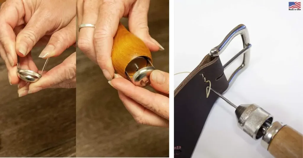 A composite image showing the Speedy Stitcher Awl being used to sew a thick leather belt and demonstrating the process of loading the thread bobbin into the wooden handle.