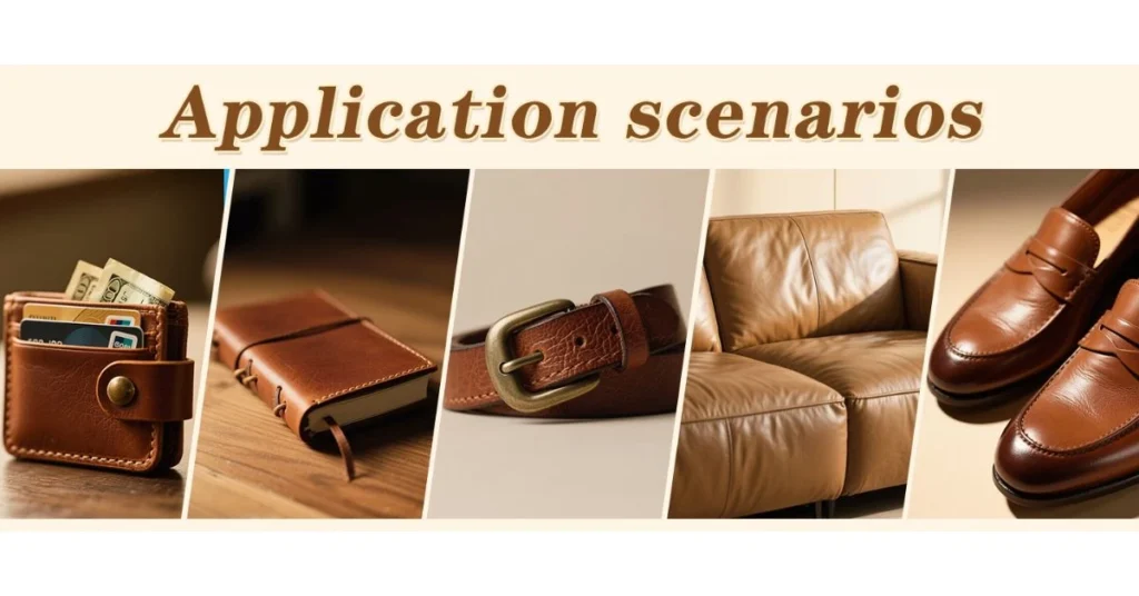 Collage showing awl application scenarios on brown leather products: wallet, journal, belt, sofa upholstery, and shoes, highlighting leathercraft versatility.