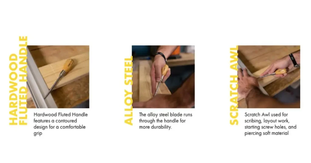 Three-panel graphic highlighting a scratch awl's features: hardwood fluted handle for grip, alloy steel blade for durability, and use for scribing and starting screw holes.