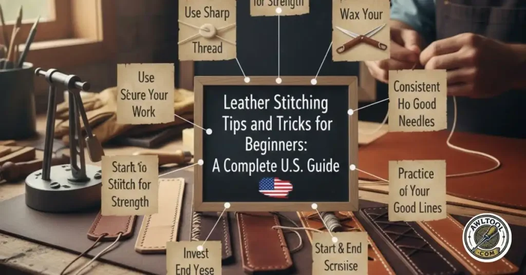 Infographic style feature image listing 10 leather stitching tips and tricks for beginners, showing sticky notes with advice like "Wax Your Thread" and "Use Sharp Tools" around a central chalkboard, for the complete U.S. guide.