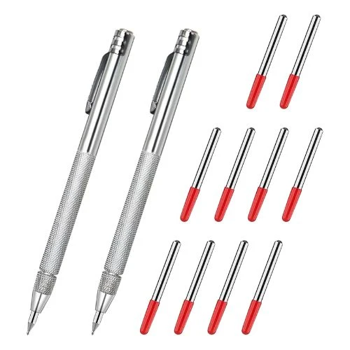 2-piece Tungsten Carbide Tip Scriber set with aluminum handles and 10 replacement marking tips, designed for etching glass, ceramics, and metal sheets.