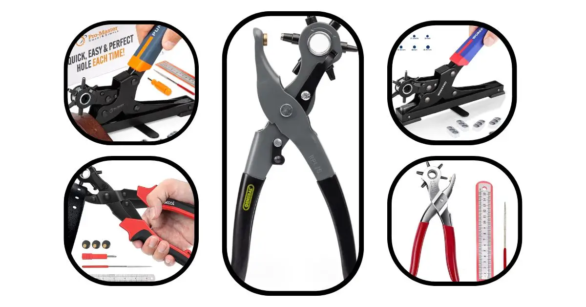 Collaged image showing 5 different types of leather/belt hole punching tools, including rotary pliers, rivet setting tool, and accessories for the best USA buyer's guide.