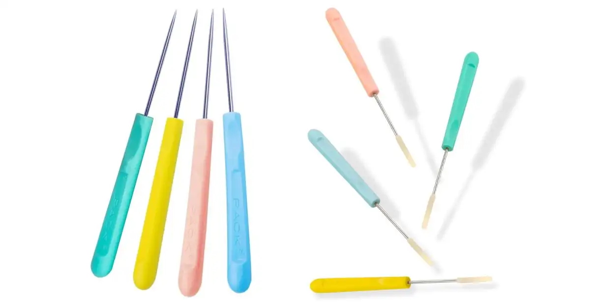 Collaged image displaying a set of colorful plastic-handled awl tools, including four standing together and four others scattered, for the best plastic awl tool review 2025 USA guide.