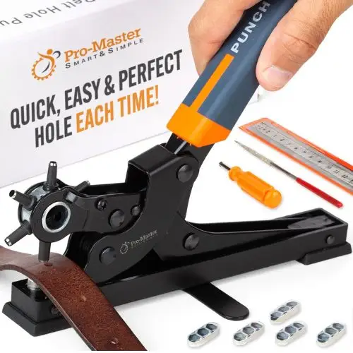 Desktop Leather Belt Hole Puncher Tool by Pro-Master, featuring a tabletop design for easy use, 6 precision sizes, and including a ruler and accessories. (Best Overall) Best Hole Punching Tools – Expert Buyer’s Guide & Reviews (USA) 